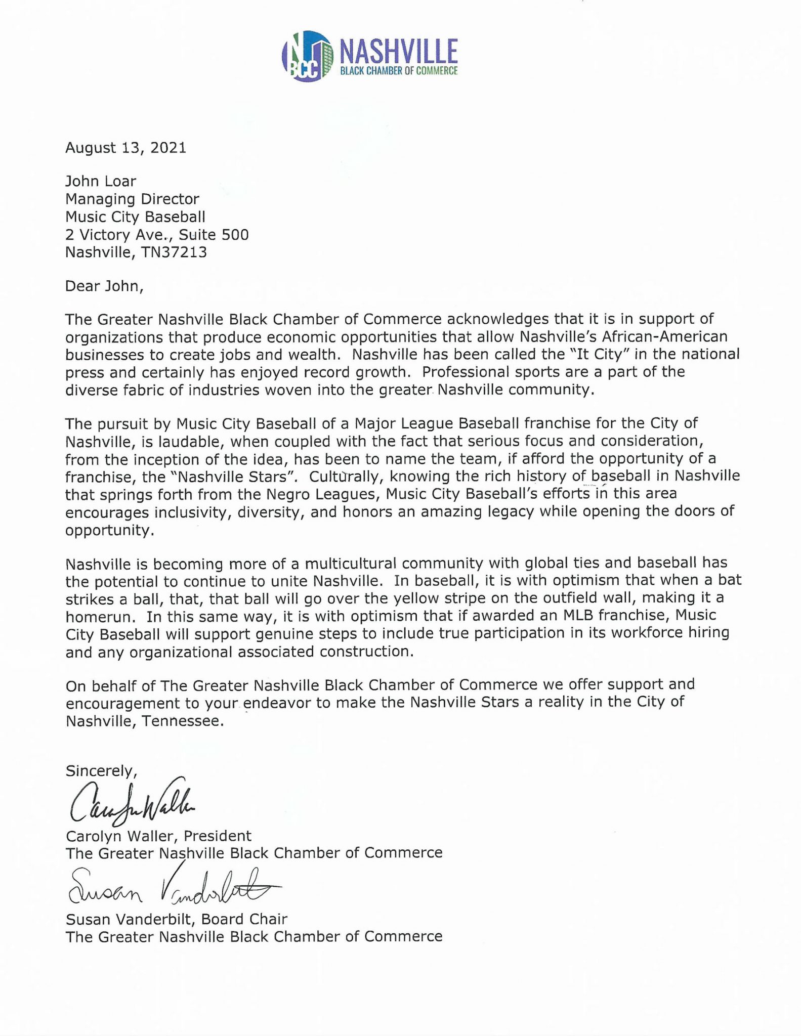 Nashville Black Chamber Of Commerce Letter